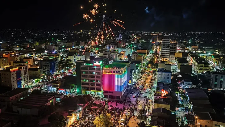 A city lit up at night with fireworks over the skyline